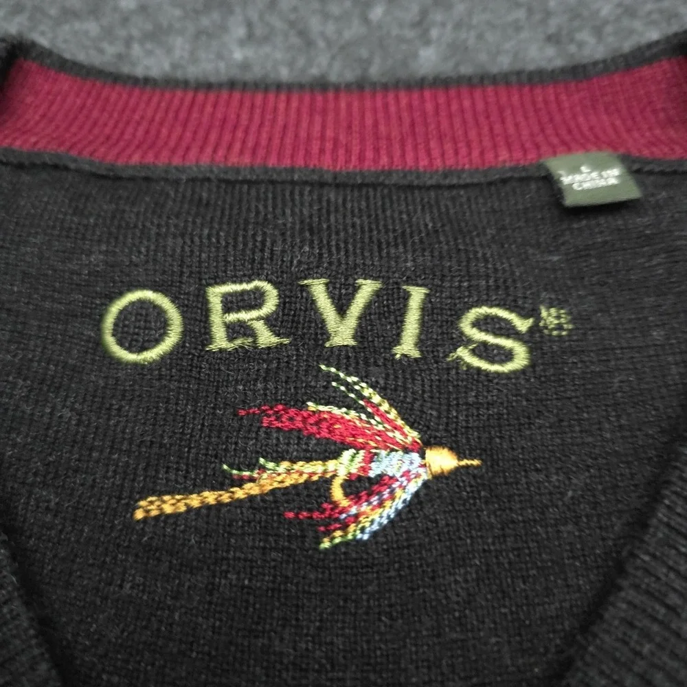 Vintage ORVIS 100% Merino Wool V-Neck Men's Large Charcoal Gray Pullover Sweater